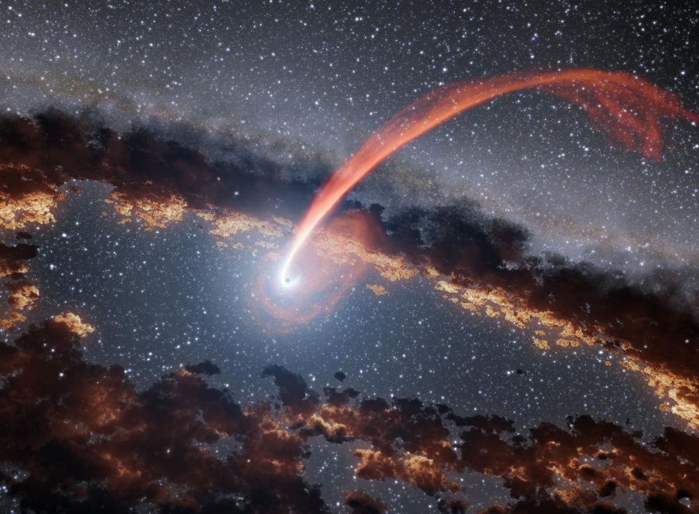 Illustration shows a glowing stream of material from a star as it is being devoured by a supermassive black hole in a tidal disruption flare.