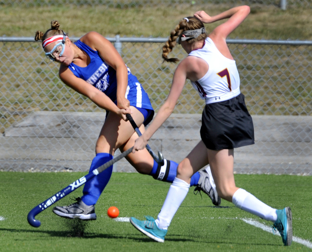 Kennebunk's Allie Gregoire drives a pass past Emi Logue of Cape Elizabeth. Kennebunk improved its record to 4-2 and snapped a two-game winning streak for Cape Elizabeth, which dropped to 2-3.
