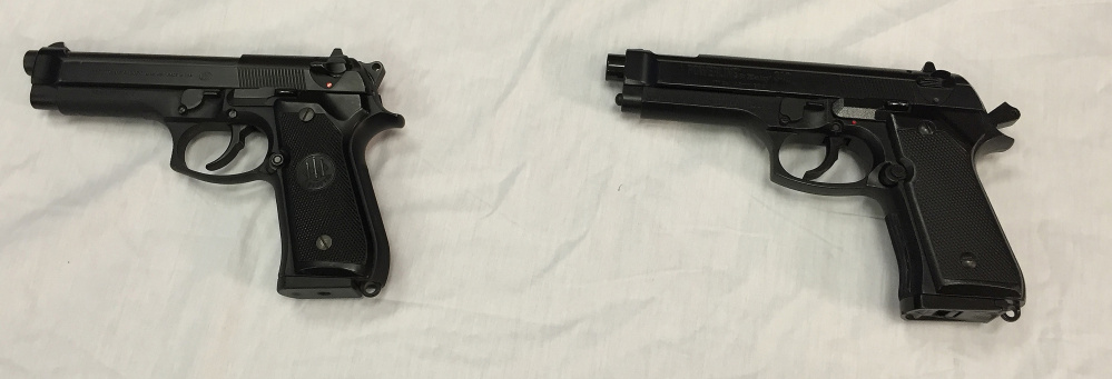 A semi-automatic handgun, left, next to a Powerline 340 BB gun.