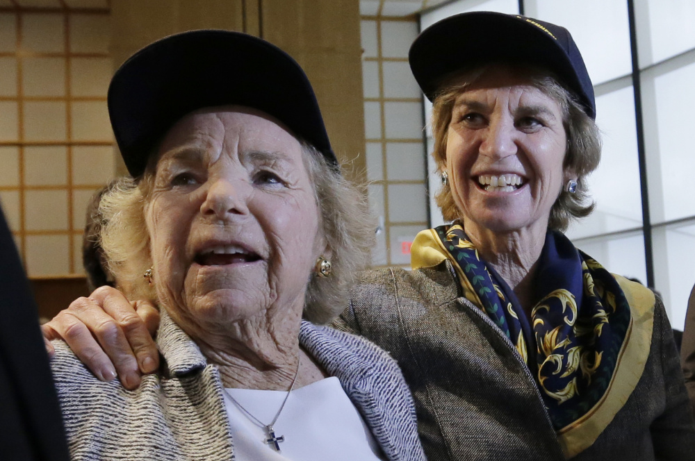 Ethel Kennedy, left, widow of the late Sen. Robert F. Kennedy, and daughter Kathleen Kennedy Townsend look at a rendering of the Robert F. Kennedy ship Tuesday.