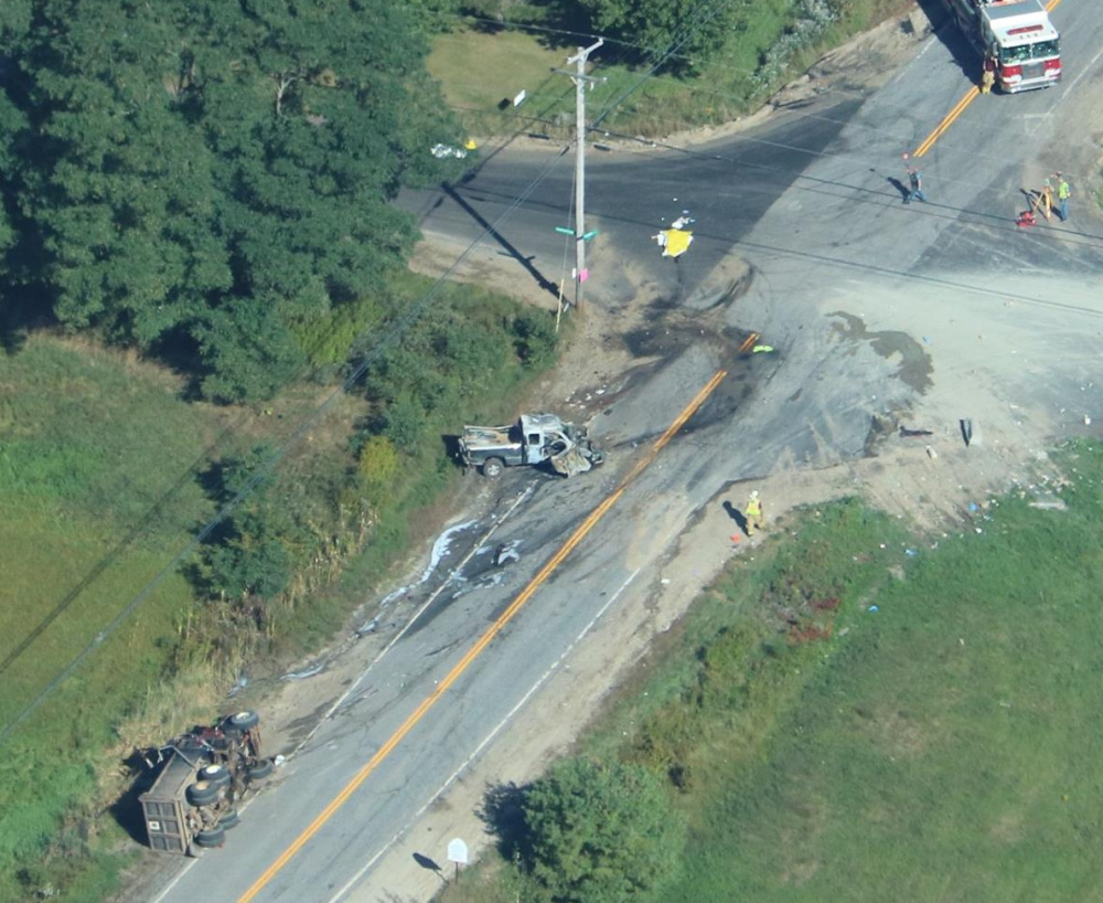 An aerial view of the crash scene Wednesday at the intersection of Route 9 and Runaround Pond Road in Durham.