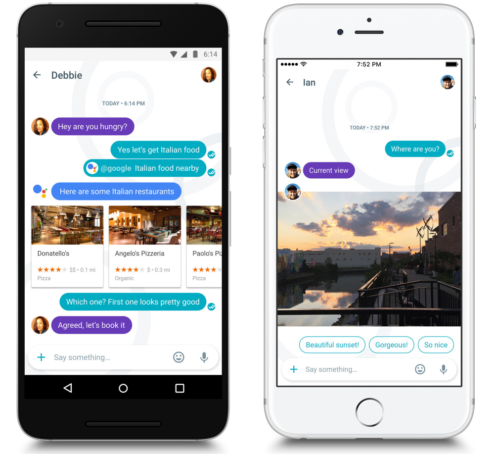 This photo combining images demonstrates the use of Google's new Allo app, with optional encryption that allows only those who send and receive messages to unlock them.