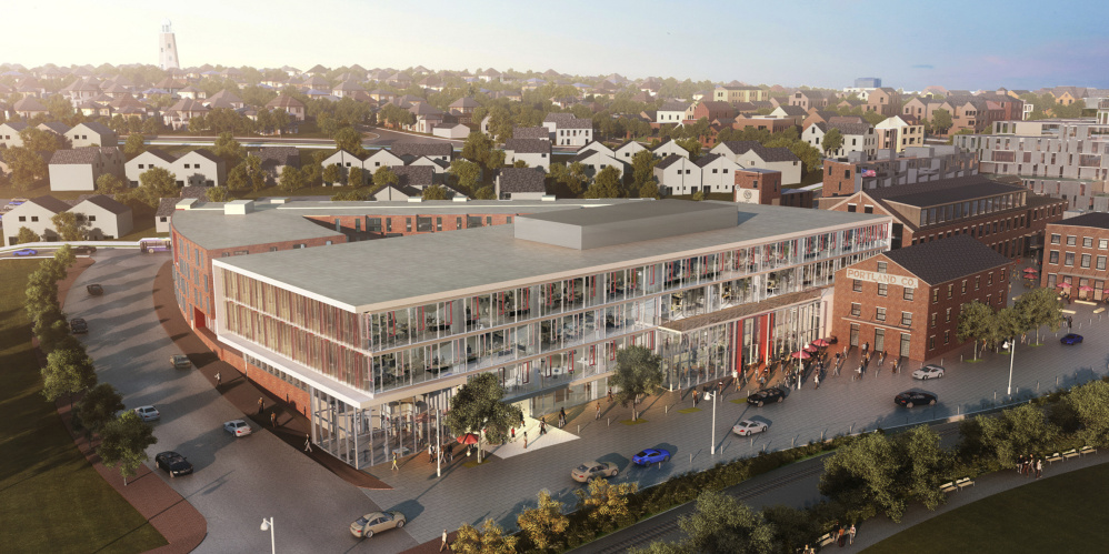 New buildings for housing, offices and other uses would be built around historic brick buildings at the former Portland Co. complex. Rendering by Perkins+Will of Boston