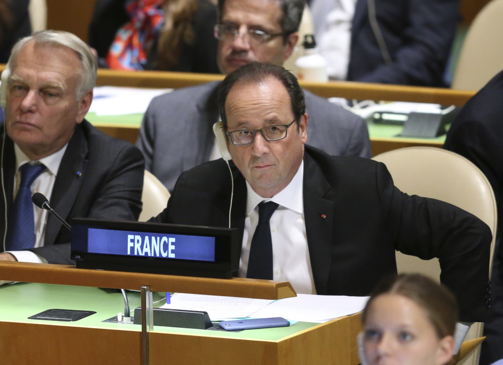 French President Francois Hollande listens to speakers during the 71st session of the United Nations General Assembly at U.N. headquarters on Tuesday.