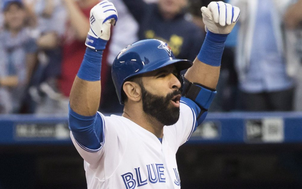 Jose Bautista of the Toronto Blue Jays celebrates Saturday after hitting a three-run homer – the only runs in a 3-0 victory against the New York Yankees.