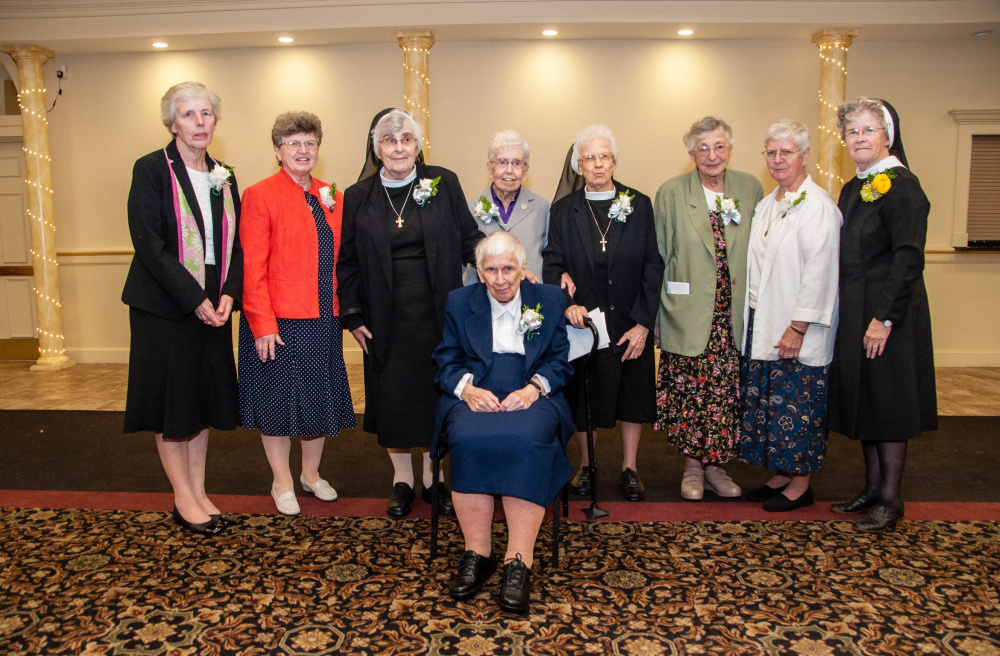 Sisters of Mercy celebrated nearly 600 years of combined service to the people of Maine during a recent gathering honoring their jubilees this year. Pictured are (seated) Sister Anastasia Skwara, (standing, from left) Sister Barbara Brennan, Sister Miriam Therese Callnan, Sister Mary Gemma Connelly, Sister Elizabeth "Betty" Kilbride, Sister Mary Denis Schwartz, Sister Claudia Barbre, Sister Ruth Conlogue, and Sister Edward Mary Kelleher.