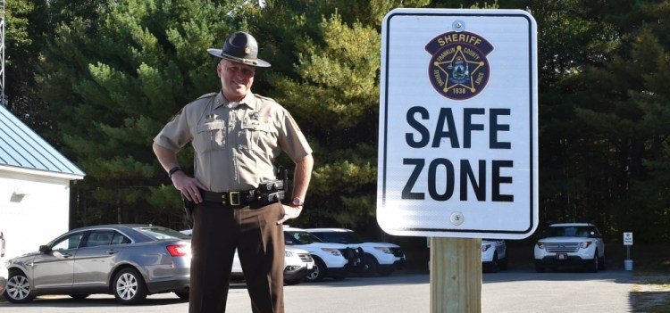 Franklin County Sheriff Scott Nichols stands in the safe zone in Farmington on Thursday. "This keeps everyone on their best behavior," he said.