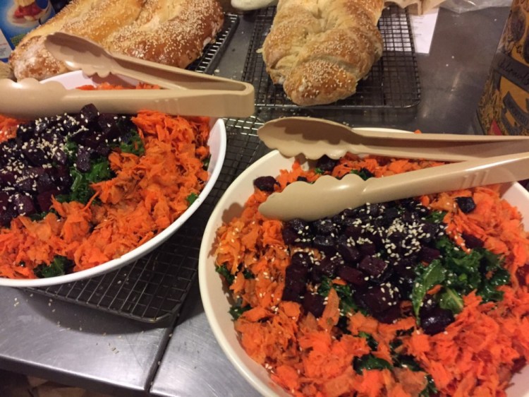 Vegan meals like fresh baked bread and a kale and roasted root vegetable salad are standard at the Maine Huts & Trails lodges in western Maine.