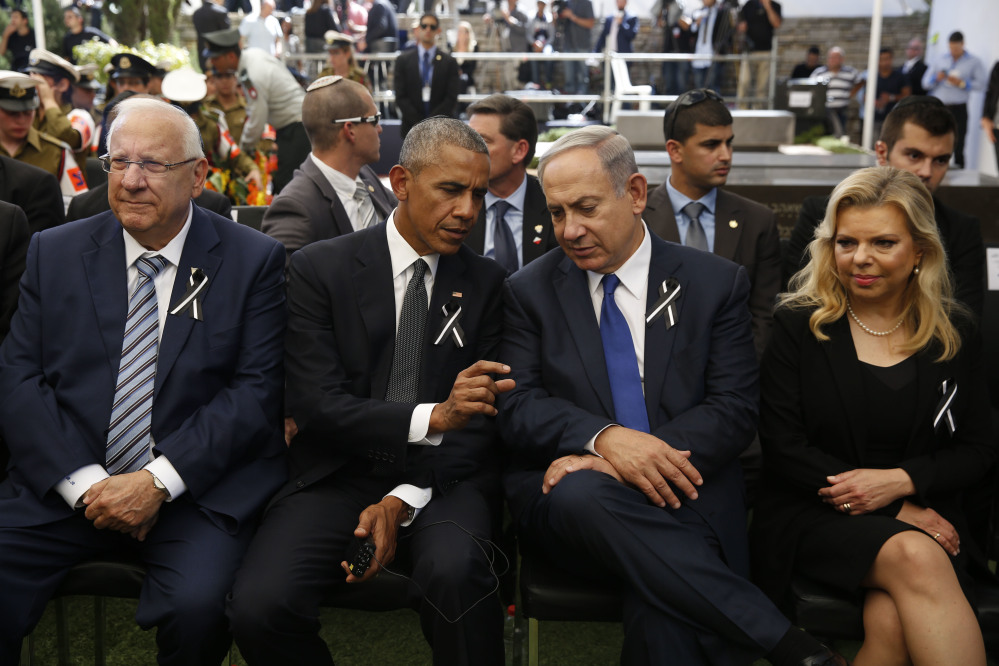 Left to right, Israeli President Reuven Rivlin, President Barack Obama, Israeli Prime Minister Benjamin Netanyahu and his wife, Sara, attend the funeral of former Israeli President Shimon Peres in Jerusalem on Friday.