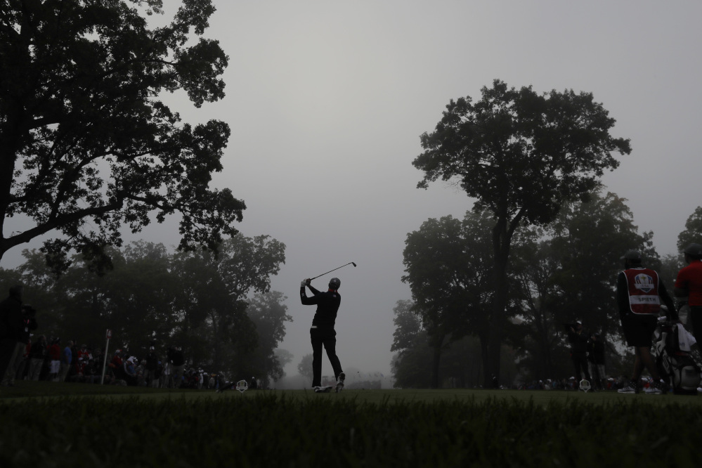 United States' Jordan Spieth hits from the fourth tee during a foresomes match at the Ryder Cup golf tournament Friday at Hazeltine National Golf Club in Chaska, Minn.