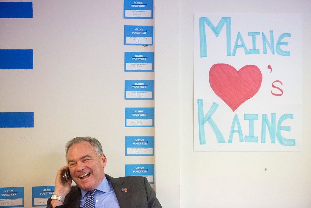 Democratic vice presidential candidate Tim Kaine calls a volunteer Thursday from the Clinton/Kaine campaign office in Portland to thank them for their work.