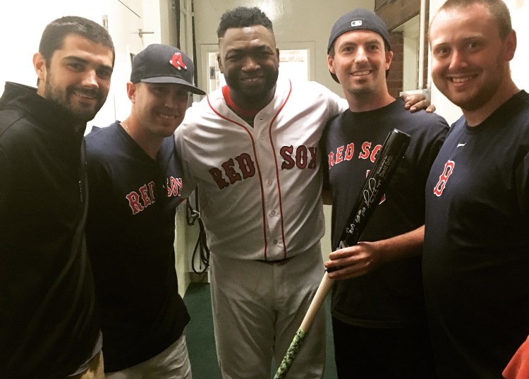 The Red Sox made a tough pitch, but Rob Jordan wasn’t chasing. Instead of accepting memorabilia in exchange for the home run ball David Ortiz hit to tie Mickey Mantle on the all-time list Monday, Jordan insisted on meeting the slugger and got his wish. Pictured with Jordan (holding bat) and Ortiz are, from left, Dan Feeney, Chris Biskup and Connor Hasson.
Photo courtesy Rob Jordan