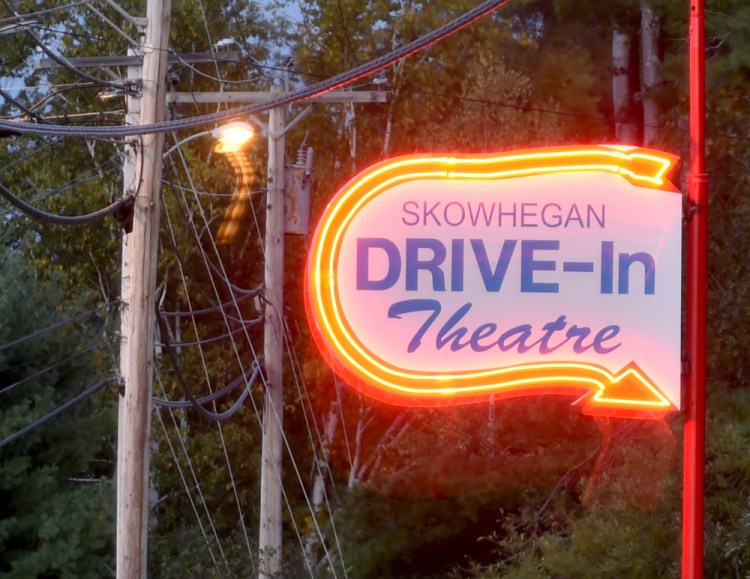 The new sign outside the Skowhegan Drive-in Theatre, seen Wednesday evening, is a replica of the original sign used when theater was built in 1954. The theater is on Waterville Road in Skowhegan.
