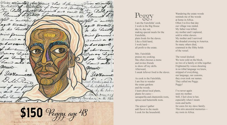 Pages from Ashley Bryan’s book “Freedom Over Me” depicting one of the slaves, Peggy.