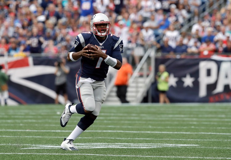 Jacoby Brissett runs against the Dolphins during the second half of Sunday's game. The rookie is in a position to make his first NFL start on Thursday night.
Associated Press/Charles Krupa