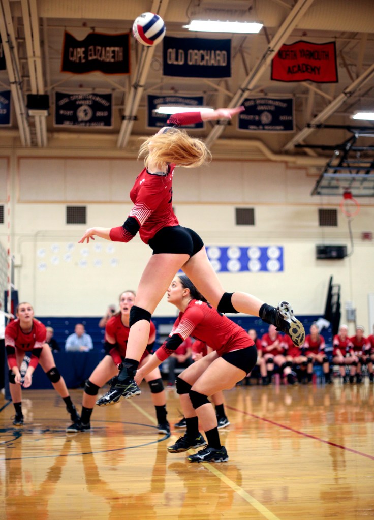 SEPT. 20: Kacey Foerster, who took command in the second game for Scarborough, soars to return the ball in a four-game victory against Yarmouth.
Derek Davis/Staff Photographer