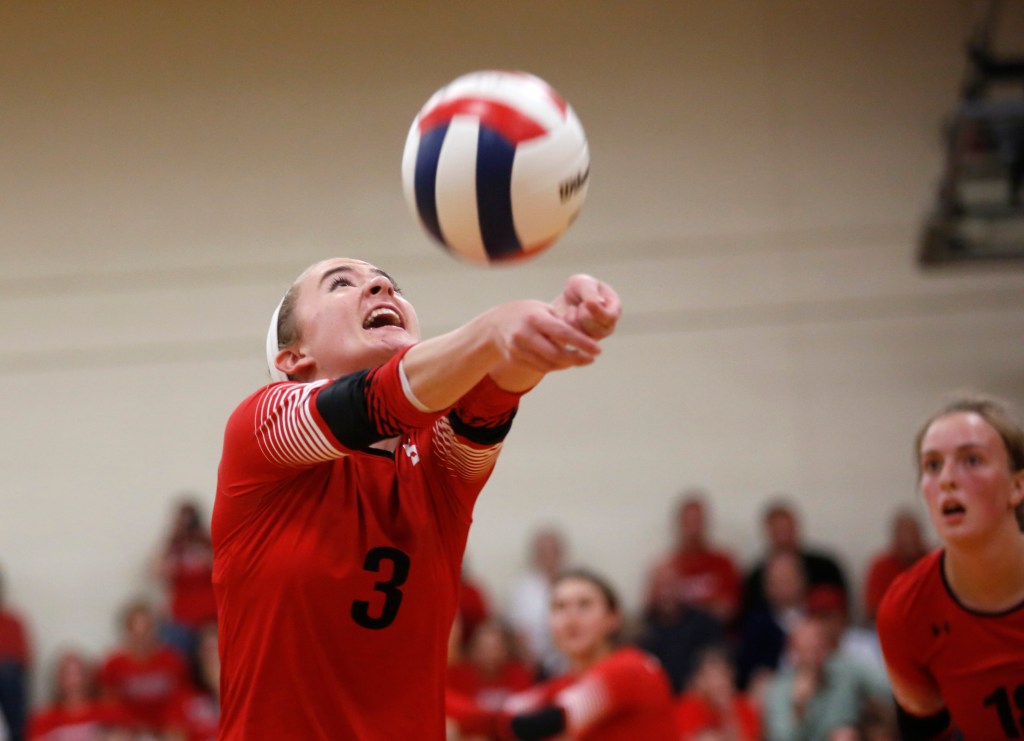 SEPT. 20: Caroline Goodwin, one of the three setters who set the pace for Scarborough’s offense, shows her prowess during a win that sent Yarmouth to its first loss of the season.
Derek Davis/Staff Photographer