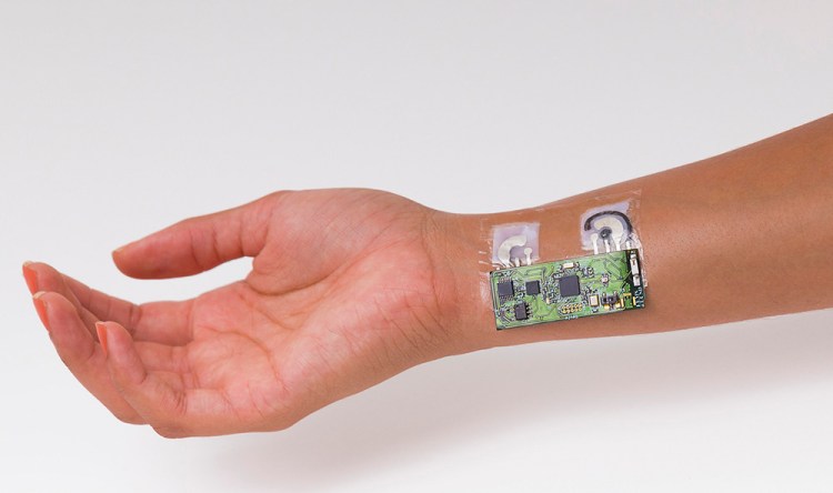 Researchers made the alcohol sensor patch from temporary-tattoo paper embedded with flexible electronics.  <em>Photo courtesy of UC San Diego Jacobs School of Engineering </em>