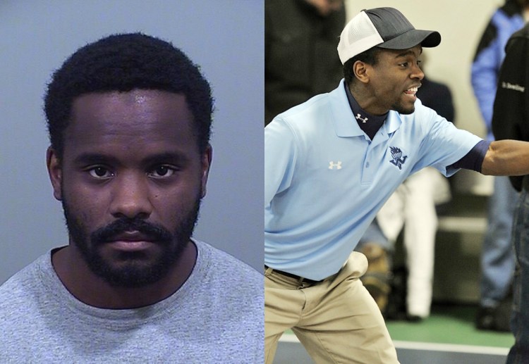 Timothy Even, left, in a police booking photo; right, cheering on his team during a competition in 2012.