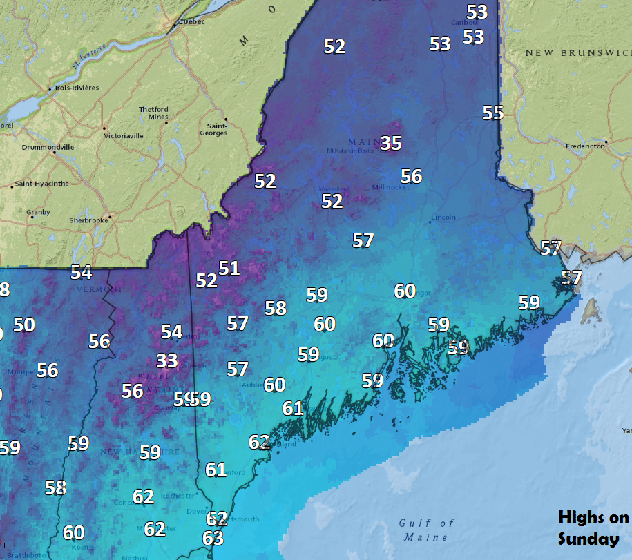 Sunday's highs will reach the lower 60s in most places