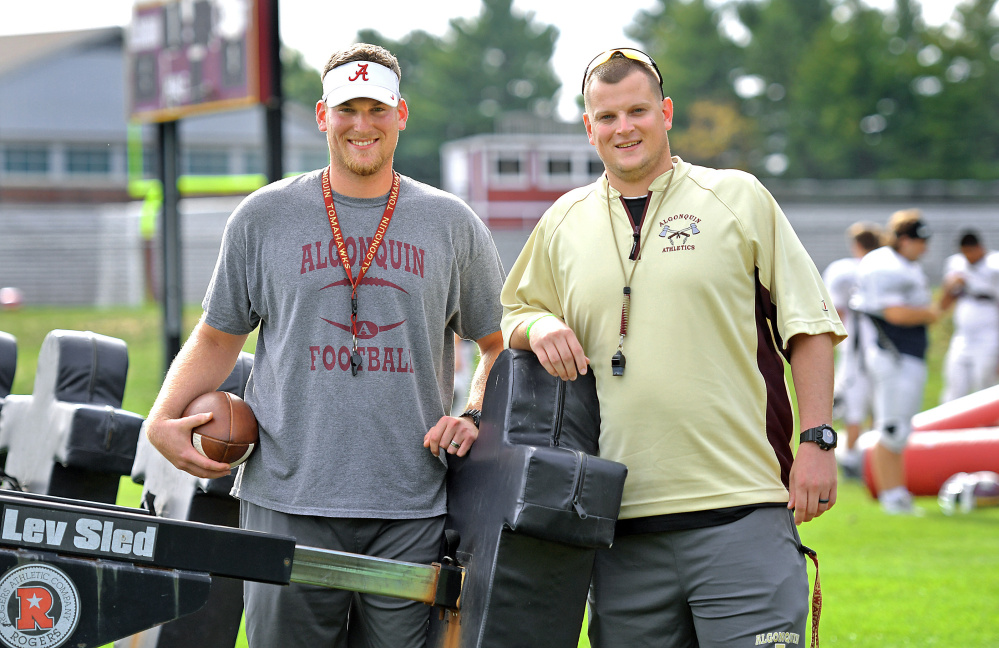 Taylor Allen, left, works as a tight ends coach, and his brother Mark Allen is the defensive coordinator at Algonquin Regional High School in Massachusetts. They are sons of late Holy Cross football coach Dan Allen.