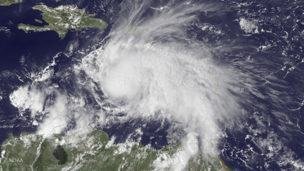The GOES East satellite image provided by the National Oceanic and Atmospheric Administration at 2:45 p.m. EDT Thursday, shows Hurricane Matthew in the Caribbean about 190 miles northeast of Curacao. Matthew, one of the most powerful Atlantic hurricanes in recent history, weakened a little Saturday as it drenched coastal Colombia and roared across the Caribbean on a course that still puts Jamaica, Haiti and Cuba in the path of potentially devastating winds and rain.