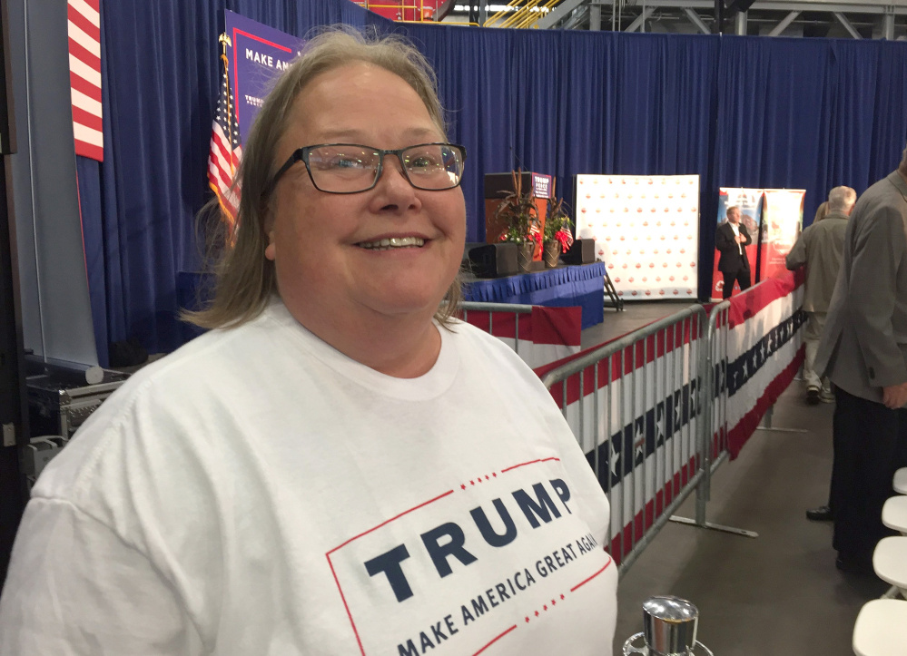 Susan Schlomann defends Donald Trump at the Mike Pence rally.
