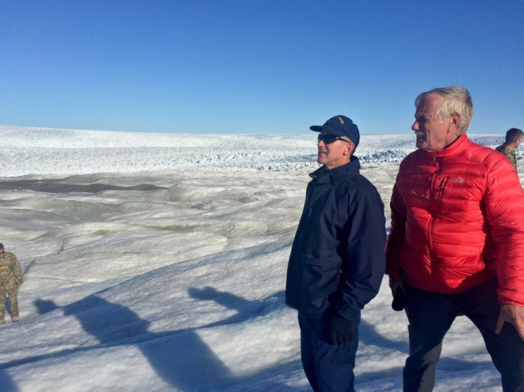 Coast Guard Commandant Paul F. Zukunft and Maine Sen. Angus King survey the Jacobshavn Glacier in Greenland on Aug. 22.