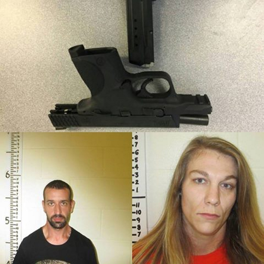 The stolen pistol (top) with mug shots of Todd Cushman and Kayla Keith.