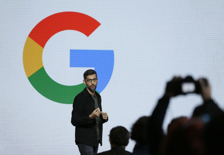 CEO Sundar Pichai speaks Tuesday during Google's unveiling of a line of smartphones and other devices, including a voice-command helper called "Google Assistant" that Pichai described as "a personal Google for ... every user."