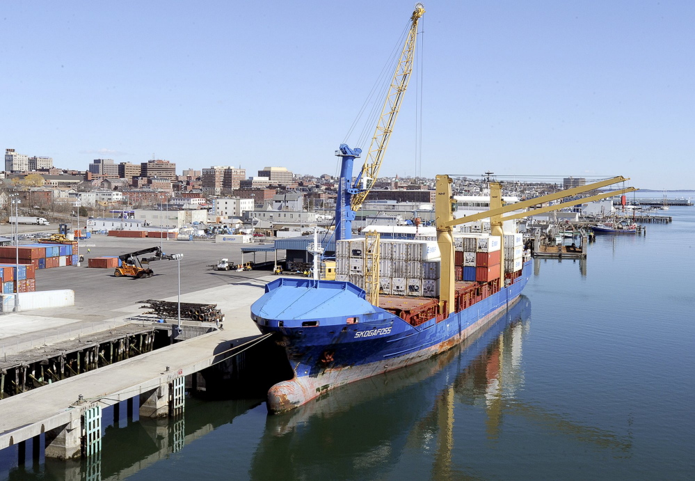 An Eimskip container ship, the Skogafoss, is docked at the Portland International Marine Terminal in 2013. A jump in Maine's exports to six of the Arctic Council's other member nations is directly attributable to Eimskip's arrival in Maine.