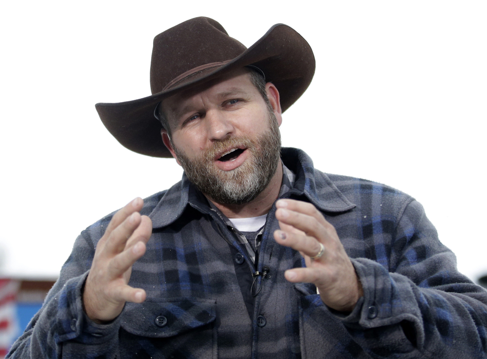 Ammon Bundy speaks in 2016 at the Malheur National Wildlife Refuge. Bundy, the leader of an armed takeover there, took the witness stand in his own defense Wednesday.