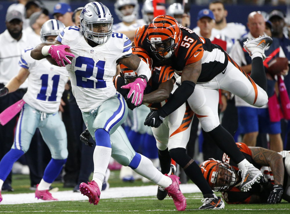 The Dallas Cowboys and Ezekiel Elliott ran around, through and over the Cincinnati defense, including linebacker Vontaze Burfict (55) in a 28-14 Dallas win. The Bengals need to rebound quickly with New England up this week.