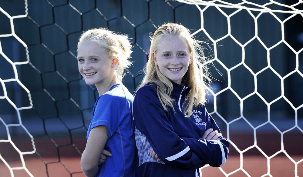 Annika, left, and Isabella More are identical twins who share a connection on the soccer field and have helped the Portland girls' soccer team to a 6-3-3 record during their freshman season.