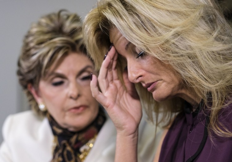 Summer Zervos, right, reads a statement alongside her attorney, Gloria Allred, at a news conference in Los Angeles on Friday. Zervos, a former contestant on "The Apprentice," says Donald Trump made unwanted sexual contact with her at a Beverly Hills hotel in 2007.