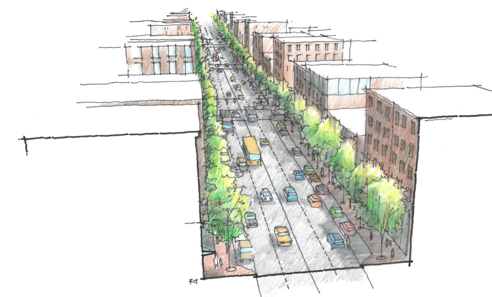Renderings of a redesigned Forest Avenue from above.