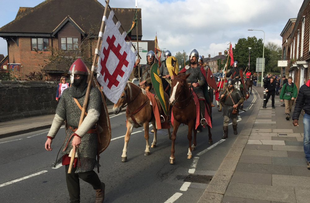 Costumed history buffs arrive near Hastings, England, on Friday, ending their 300-mile cross-country journey ready to re-enact the Battle of Hastings, which was originally fought in 1066.