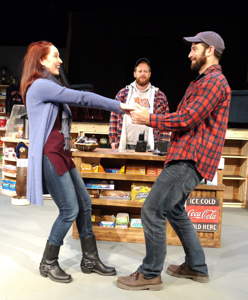 Mary Mossberg and Augustus Kelley star as Lurene Legasse Soloway and Nat Paradis in "Last Gas." Ben Loving, in the background, plays Guy Gagnon.
Photo courtesy of Public Theatre