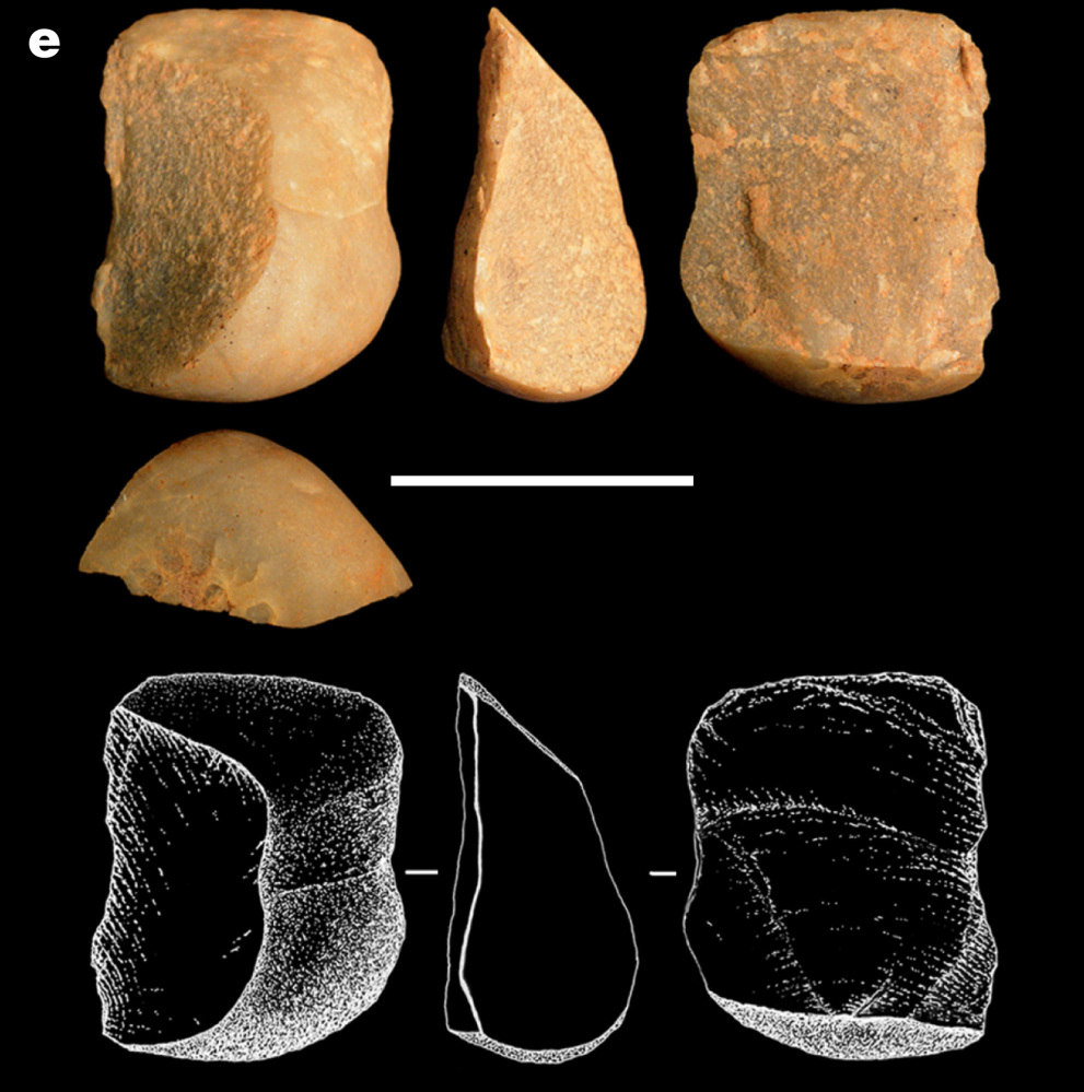 At left, an image made available by the journal Nature shows flaked stones made by wild capuchin monkeys in Brazil. Scale bar is 2 inches.
