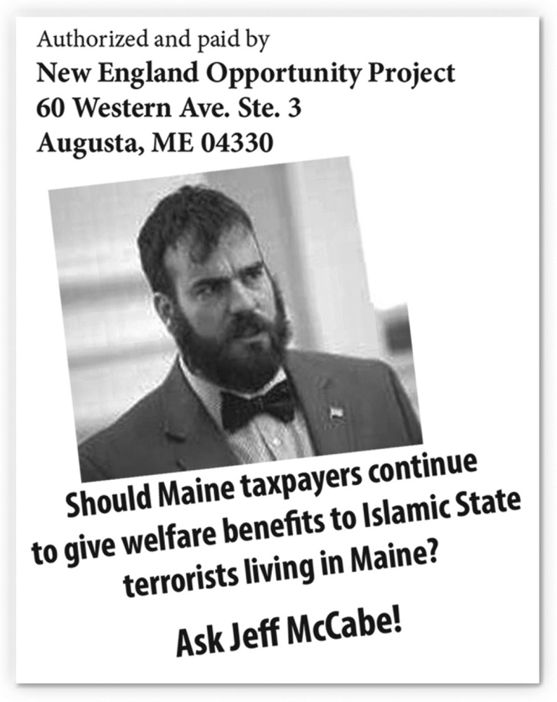 This is an image from a flier targeting Maine House Majority Leader Jeff McCabe that was mailed to voters in the 2nd Congressional District.