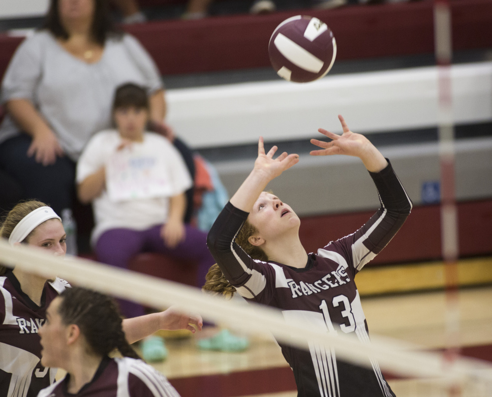 Morgan Selby of Greely sets the ball against Gorham, which became the first team to take a set from the Rangers this season.