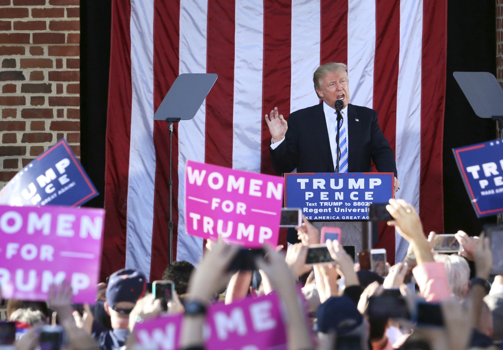 Republican presidential nominee Donald Trump speaks during a campaign stop at Regent University in Virginia Beach, Va., on Saturday. Trump also spoke in Gettysburg, Pa., the site of Abraham Lincoln's address during the Civil War.
