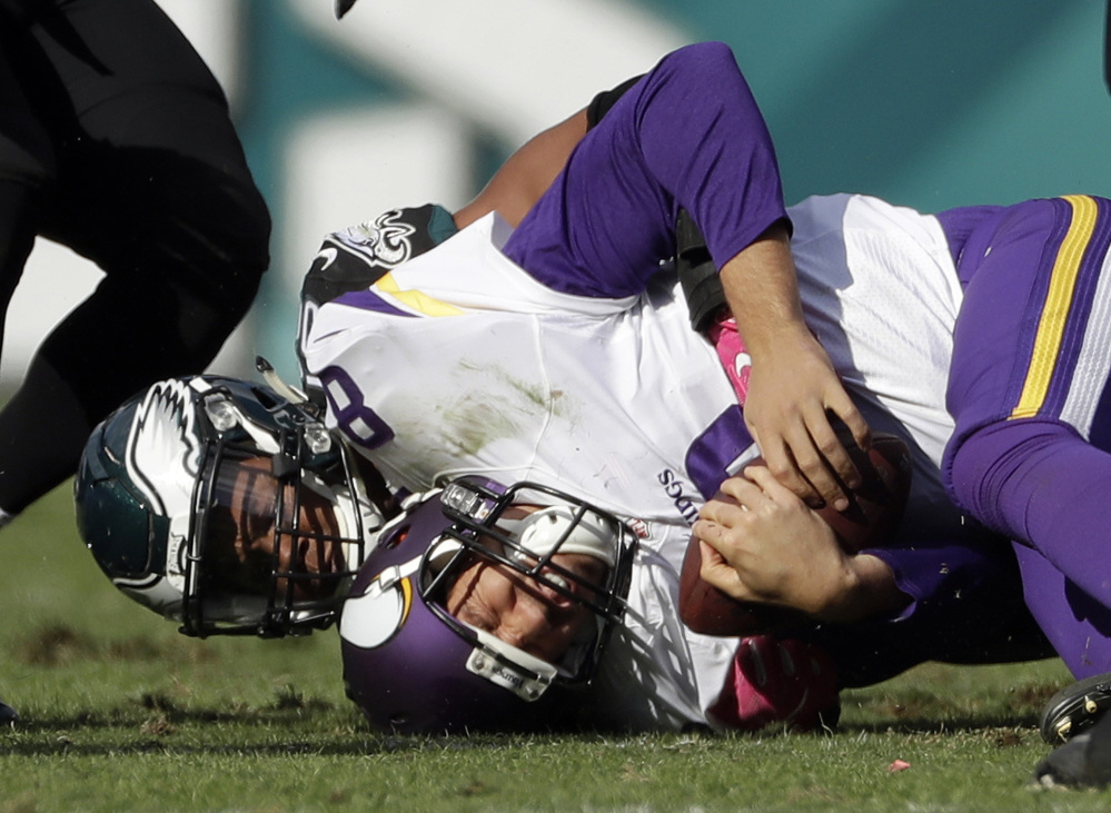 Vikings quarterback Sam Bradford was sacked six times Sunday, threw an interception and lost two fumbles in a 21-10 defeat at Philadelphia.