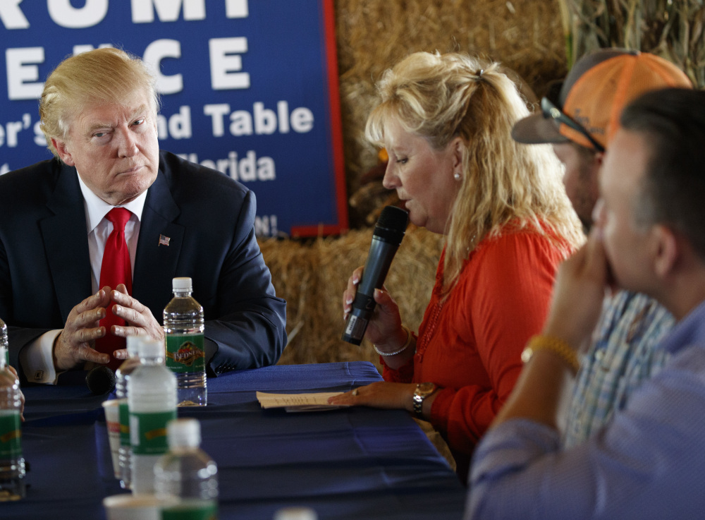 Republican presidential candidate Donald Trump speaks during a meeting withfarmers at Bedners Farm Fresh Market on Monday in Boynton Beach, Fla.