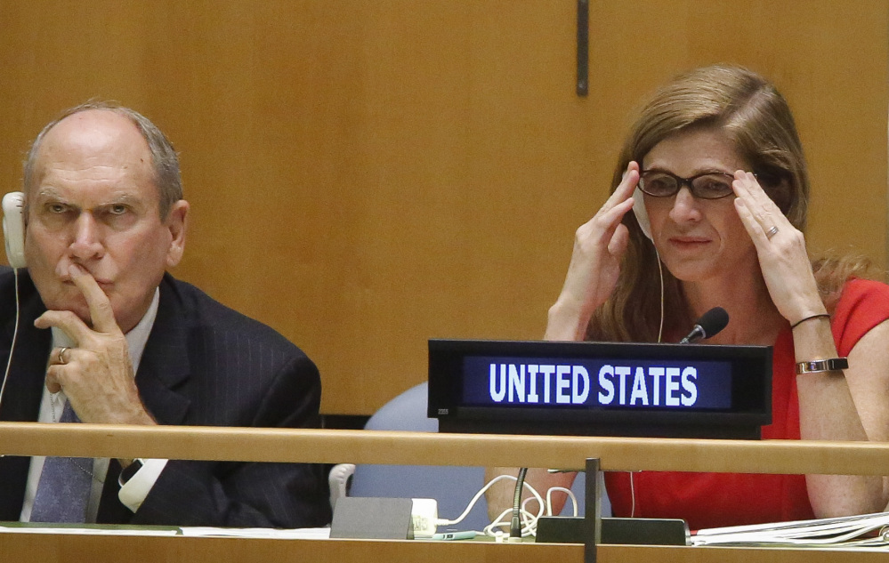 U.S. Ambassador to the U.N. Samantha Power, right, listens during a meeting of the U.N. General Assembly on Wednesday at U.N. headquarters.