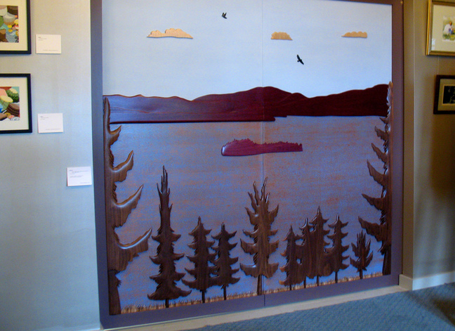 Artist Vincent Richel's finished doors adorn the New Lobby Gallery at the RFA Lakeside Theater, at 2493 Main St. in Rangeley.