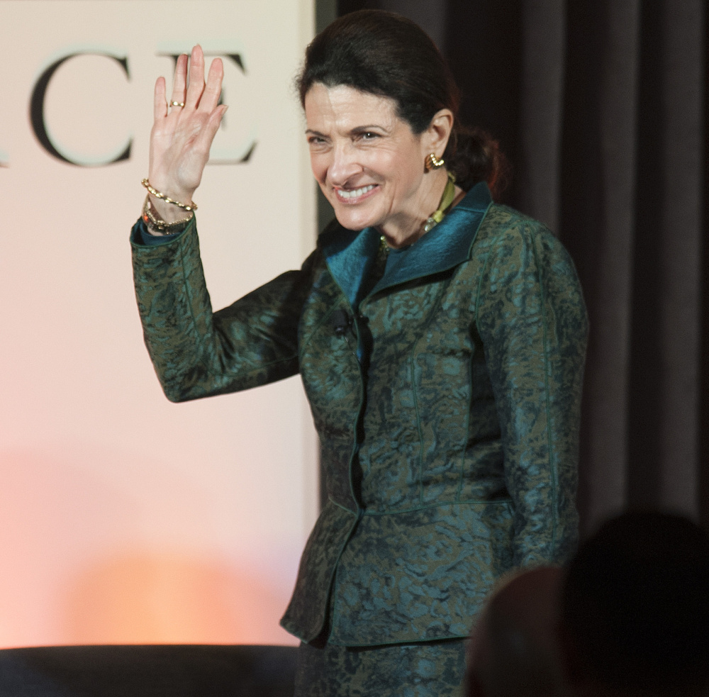 Former Sen. Olympia Snowe appears at Friday night's forum in Bangor. She said, "What distinguished us in the past is that we were willing after fierce debates ... to transcend our differences for the greater good of the country and reach a solution."