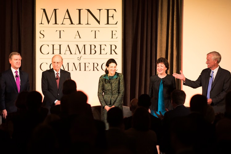 Maine's five living U.S. senators, William Cohen, George Mitchell, Olympia Snowe, Susan Collins and Angus King, gather at the Cross Insurance Center in Bangor for a  discussion of their careers and experiences representing Maine and the nation.
Kevin Bennett Photo