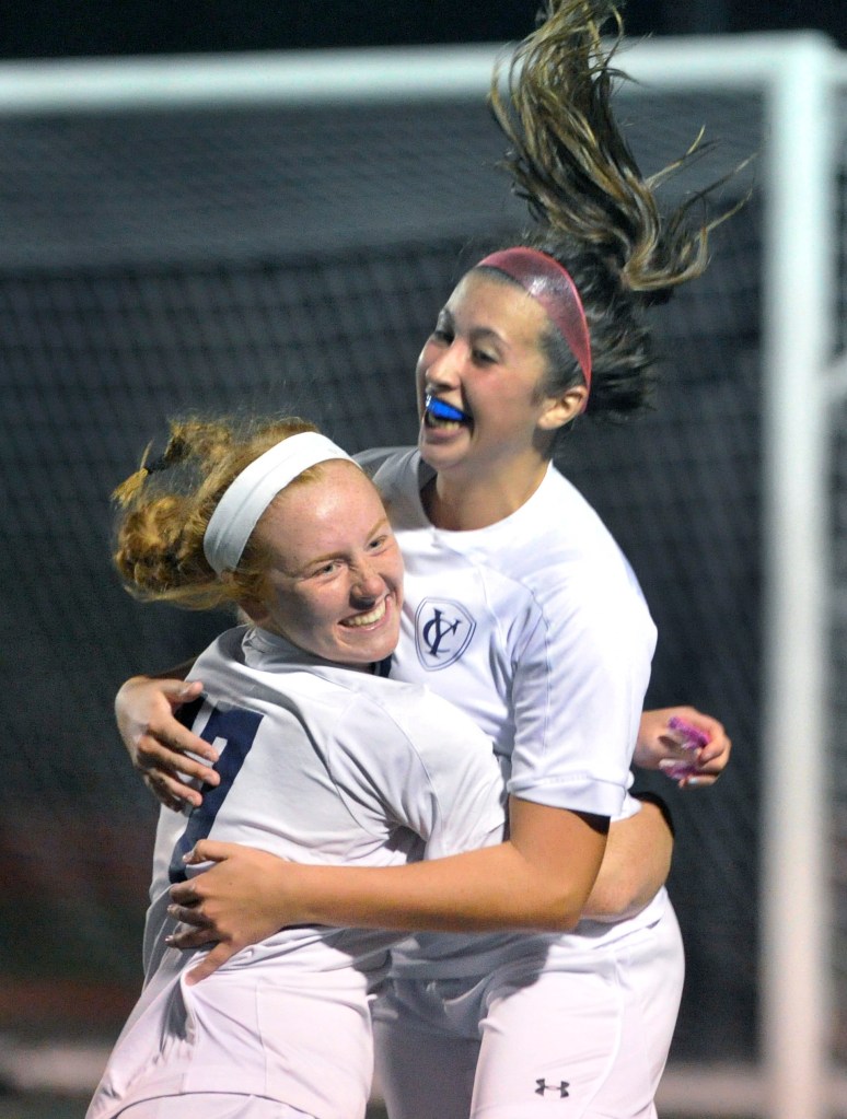 There have been a lot of goal celebrations this season for the Yarmouth girls’ soccer team – this one has Callie Decker, left, and Olivia Feeley. The Clippers will bring a 13-1-1 record into the Class B South semifinals.
