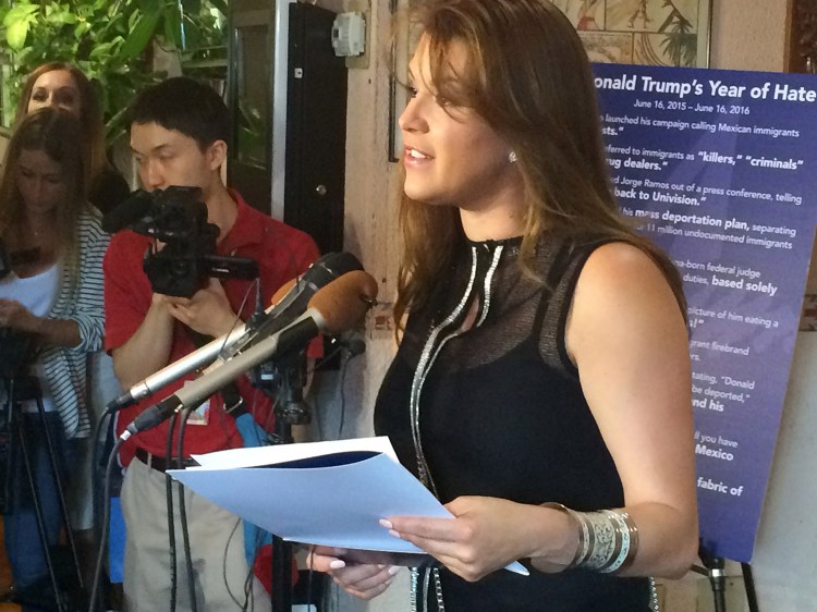 Former Miss Universe Alicia Machado speaks during a news conference at a Latino restaurant in Arlington, Va., in June to criticize Republican presidential candidate Donald Trump. Machado became a topic of conversation during the first presidential debate between Trump and Democratic candidate Hillary Clinton last month.